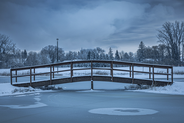 Bridge Over Pond at First Snow Print
