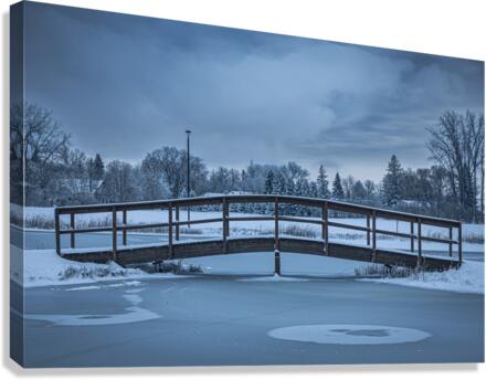 Bridge Over Pond at First Snow Canvas Print