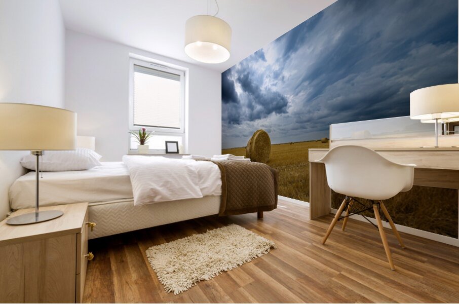 Hay Bales Under a Cloudy Sky Mural print