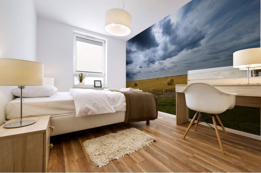 Hay Bales Under a Cloudy Sky Mural print