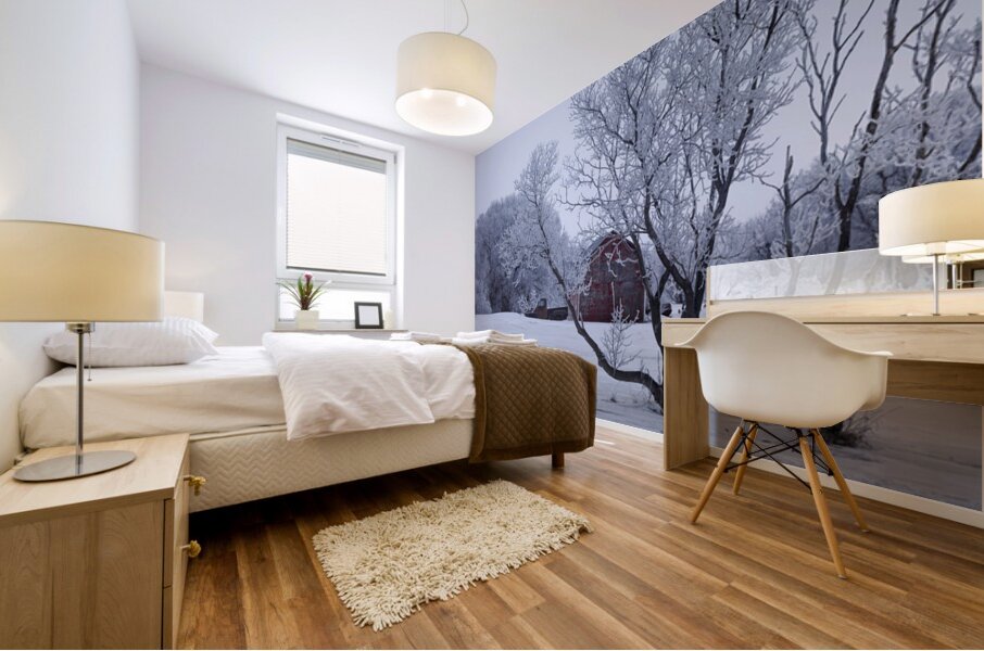 Hoarfrost Morning Over a Red Barn Mural print