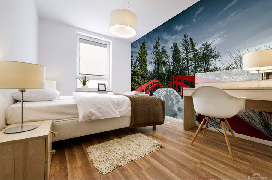 Red Bridge in Snow Mural print