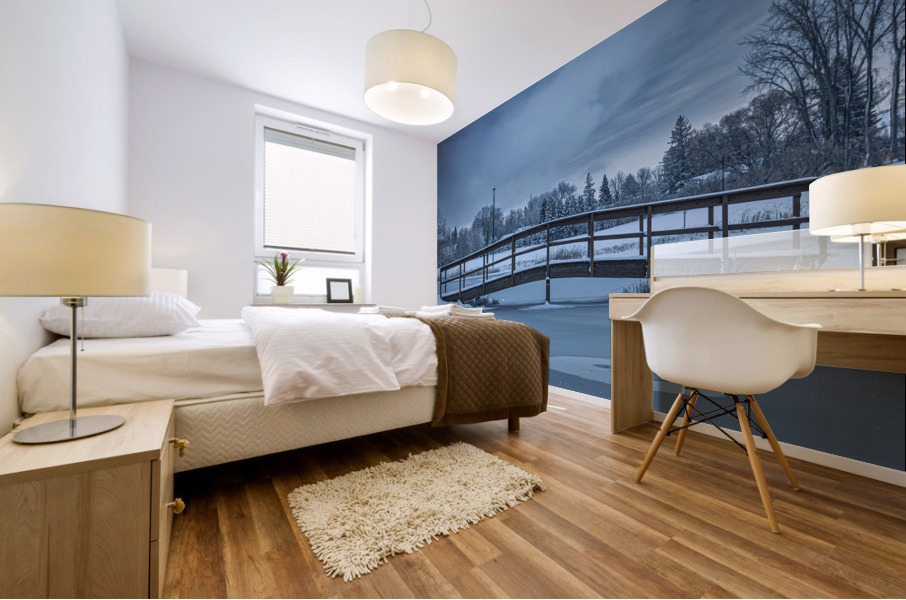 Bridge Over Pond at First Snow Mural print