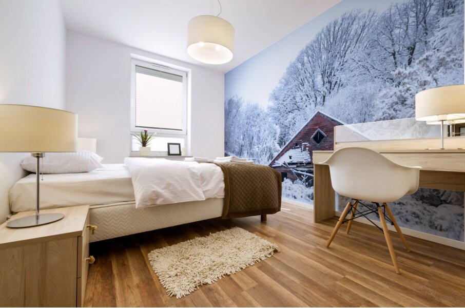 Red Barn Under First Snow Mural print