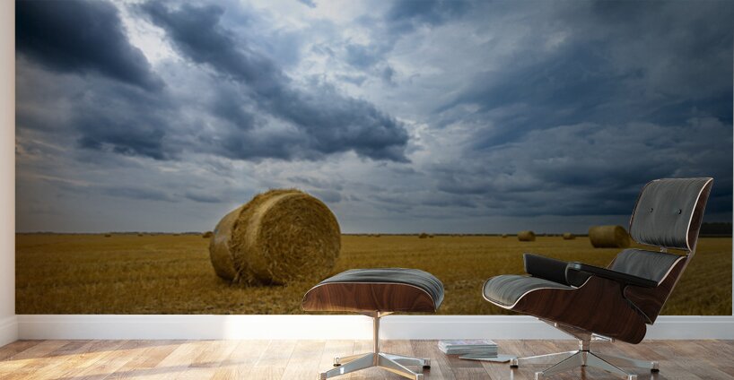 Hay Bales Under a Cloudy Sky Wall Murals