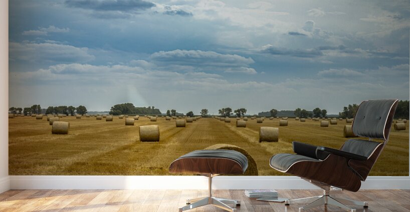 Hay Bales Under a Cloudy Sky Wall Murals