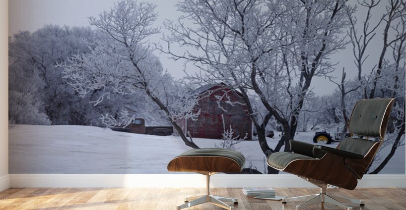 Hoarfrost Morning Over a Red Barn Wall Murals
