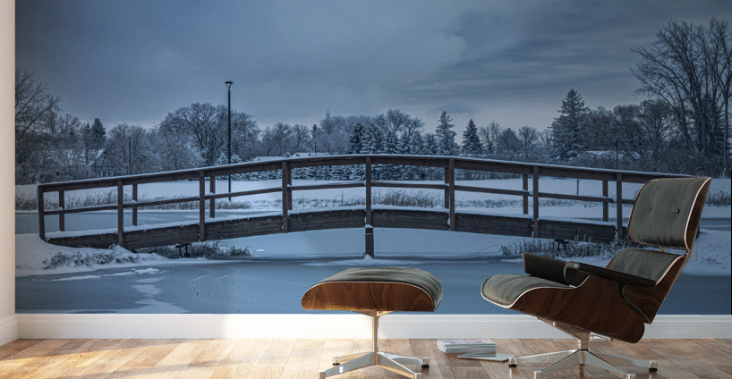 Bridge Over Pond at First Snow Wall Murals