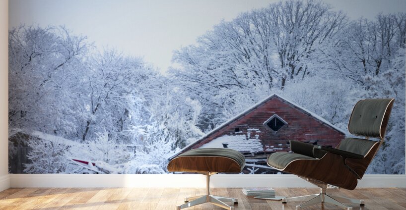 Red Barn Under First Snow Wall Murals