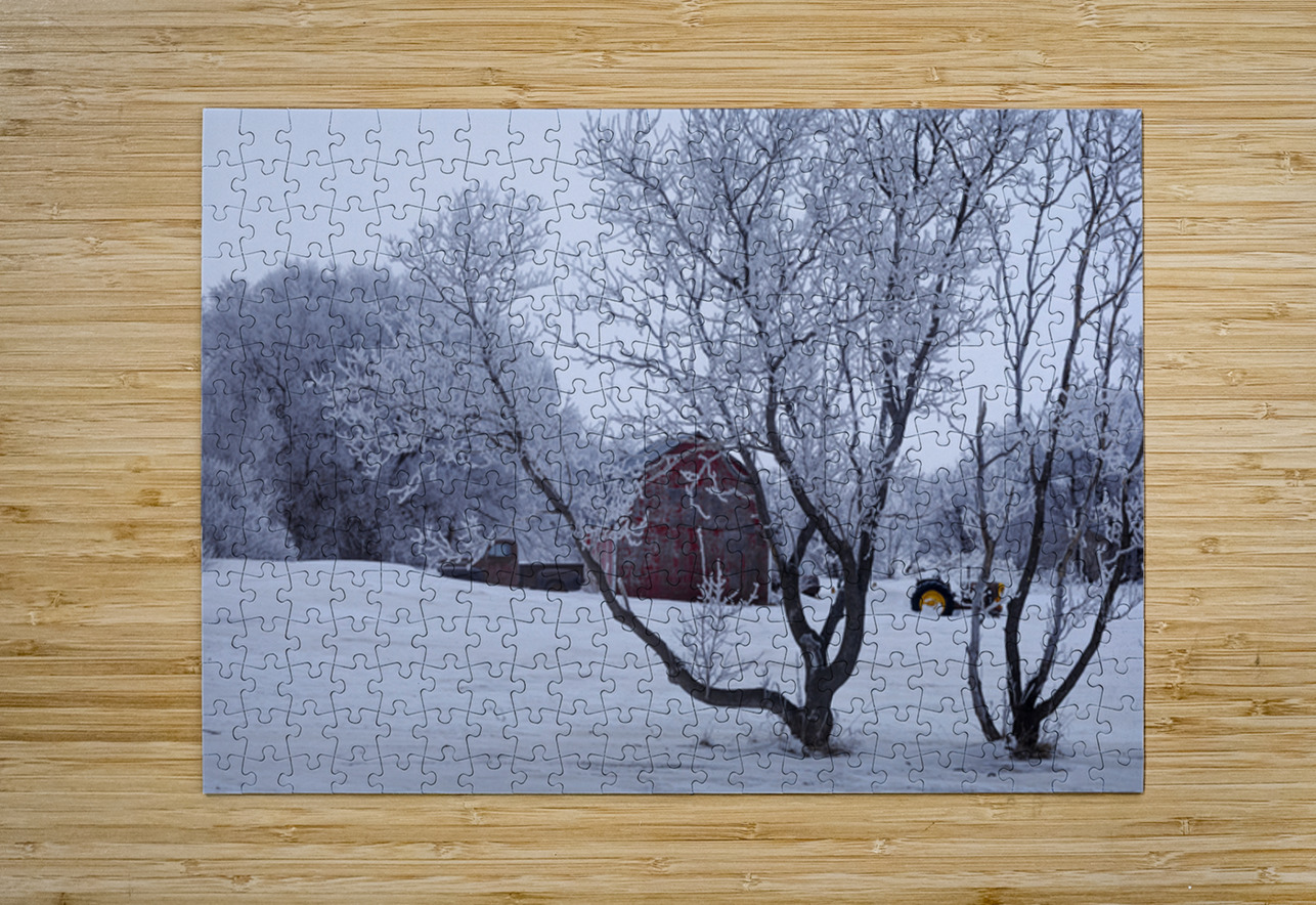 Hoarfrost Morning Over a Red Barn Marc Gilbert Photography Puzzle printing