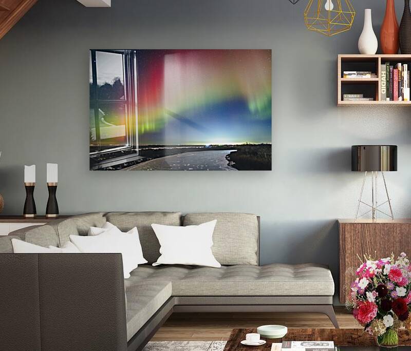 Rainbow Auroras Over The Red River Reproduction