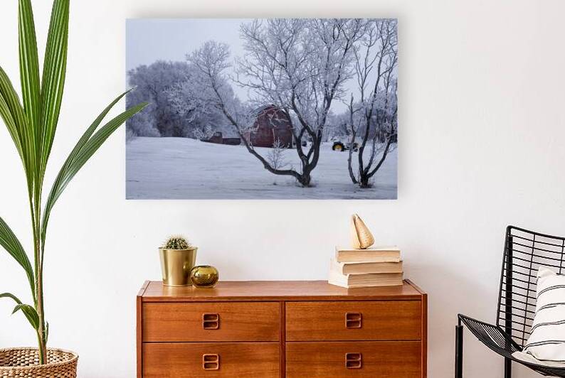 Hoarfrost Morning Over a Red Barn by Marc Gilbert Photography